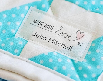 Made with love Label, Heart Set of Cotton fabric tags, Modern personalized iron-on labels, knitting or crochet tag