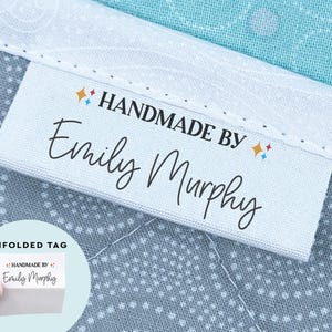 personalized sewing labels emoji sparkles, sew on iron on quilt labels, fabric tags, knitting label, handmade by tag, sewing tag - LS25