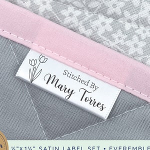 Satin label set with tulips, personalized sewing labels, sew in labels for handmade items, custom sewing tags, customized ribbon  - SA10
