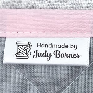 Satin Sewing Label Set, thread icon custom fabric labels, white silky smooth personalized fabric tags, Soft printed folded tag