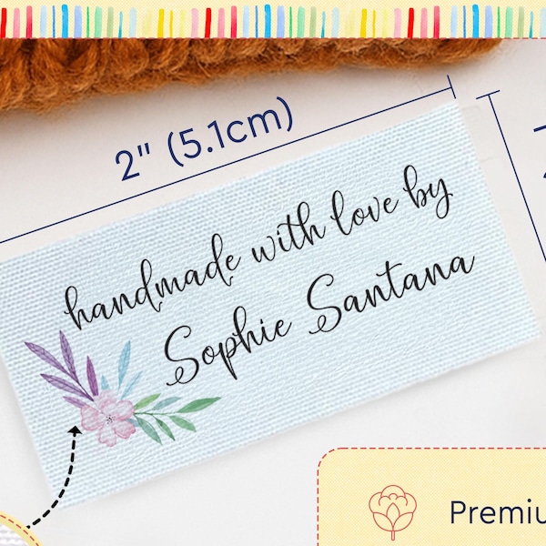 Watercolor flower Set of fabric labels, floral colorful quilt tag personalized gift for Mom, custom sewing tags, crochet, knitting, iron