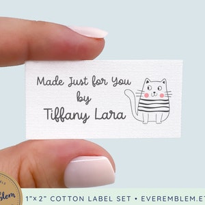 personalized sewing label Set with Cute Cat, sew on or iron on quilt labels, fabric tags, knitting label, handmade by tag, sewing tag - LS24