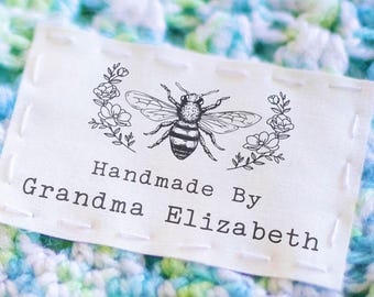 Honeybee Fabric Labels, vintage bumble bee 2x3 Cotton Tags, retro B Personalized Sewing Labels, 12 per Set, floral flower design