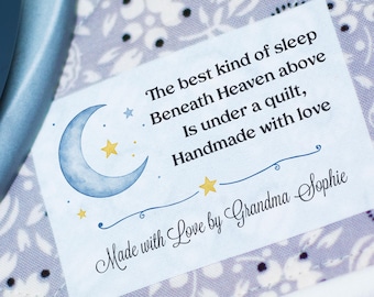 Sleep under Quilt Labels, Moon and stars Design, Quilting message Personalized Cotton Tag Set, Sew or Iron on, quote custom fabric tags