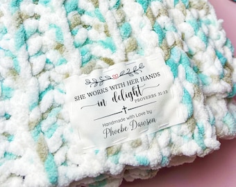 Faith Christian Fabric Labels, She works with her hands Custom Cotton Tag, bible quote Personalized Sewing Label, 12 Sew/Iron on tags
