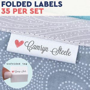 tiny fabric tags, personalized heart name labels, knitting tab labels, sewing tags, handmade cotton label, custom iron on fabric label CE02