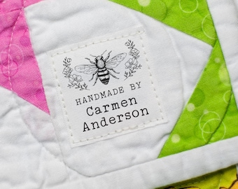 Bumble Bee Cotton Sewing Labels, vintage buzzing bee Custom Fabric Tags, antique bug Iron on flower quilt label | 1.5" square patch
