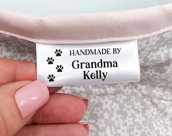 Paw Print Custom Satin Clothing Labels, Dog design Personalized Fabric Label, pet footprint folded Tags, Large Sewing Tag sew in