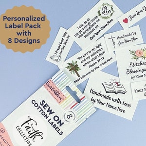 Pack d'étiquettes de couture personnalisée Faith, étiquettes en tissu personnalisées chrétiennes, étiquettes religieuses pour projets de crochet, fer sur étiquettes de courtepointe- CP03