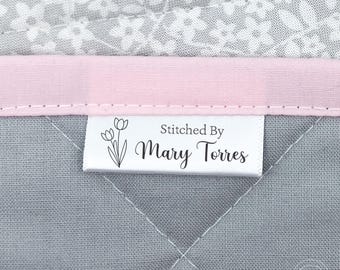 Custom Satin Fabric Labels - Small Clothing Tags with tulips - personalized sewing labels