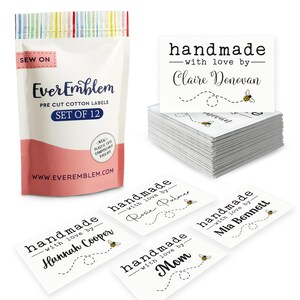 Zestaw 12 spersonalizowanych bawełnianych etykiet na kołdry z motywem pszczół miodnych, 2"x3" z nadrukiem pszczół. Personalizowane etykiety na koce i kołdry - RS10