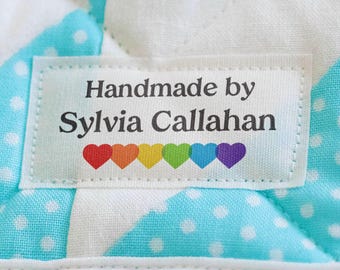 Rainbow hearts cotton label set, colorful printed soft fabric fray-proof tags, pride white flat/folded patch, personalized washable tag