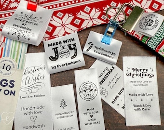 Etiquetas navideñas de satén con nombre, etiquetas de cinta impresas para coser, para edredones y ropa, muestrario de etiquetas de seda para regalo de costura - CP07