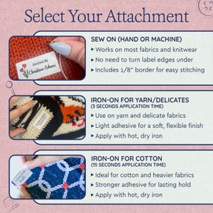 May include: An informational graphic titled Select Your Attachment showing three label application methods: sew-on with a 1/8 inch border, iron-on for yarn and delicate fabrics with a 3-second application, and iron-on for cotton with a 15-second application.