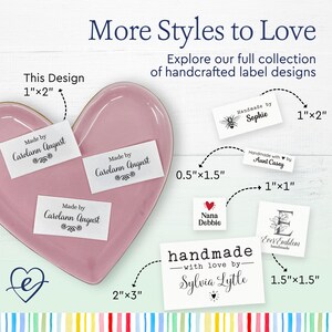 May include: A collection of white rectangular and square fabric labels with black printed text and graphics. Labels feature names like Carolann August, Sophie, Aunt Casey, Nana Debbie, and Sylvia Lytle. Dimensions include 1"x2", 0.5"x1.5", 1"x1", 1.5"x1.5", and 2"x3".