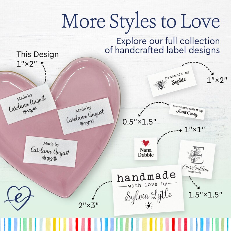 May include: A collection of white rectangular and square fabric labels with black printed text and graphics. Labels feature names like Carolann August, Sophie, Aunt Casey, Nana Debbie, and Sylvia Lytle. Dimensions include 1"x2", 0.5"x1.5", 1"x1", 1.5"x1.5", and 2"x3".