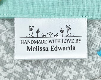 Doodle flower soft white satin label set, Machine washable sew in fabric tabs, custom printed large folded silky personalized clothing tags