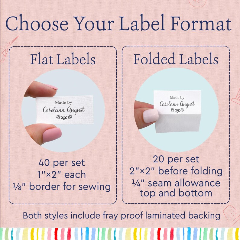 May include: A comparison chart titled Choose Your Label Format showing flat labels and folded labels. Flat labels are 1"x2" with a 1/8" sewing border, 40 per set. Folded labels are 2"x2" before folding with a 1/4" seam allowance, 20 per set.