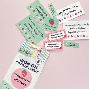 Custom Sewing Tag Pack, Personalized Strawberry fabric labels, Pink labels tags for crochet projects, iron on quilting tag, fun tag - CP04