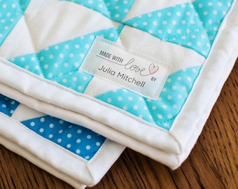 Set of Cotton fabric tags, Love heart personalized iron-on labels, knitting or crochet tag