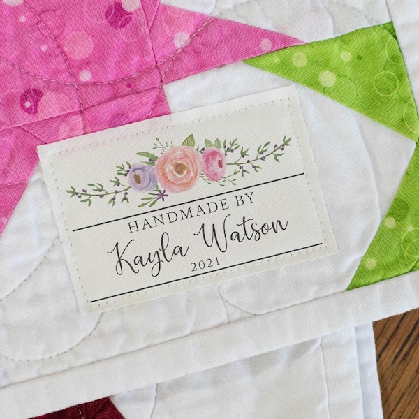Personalized flower leaf Printed Cotton Quilt Labels, Floral Watercolor Custom Blanket Tags,  colorful roses Sew or Iron On label set