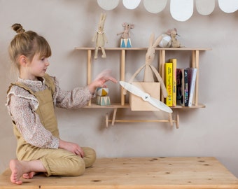 Airplane shelf natural wood children's furniture bookshelf children's shelf toy shelf baby shelf children's book shelf airplane shelf for children's nursery