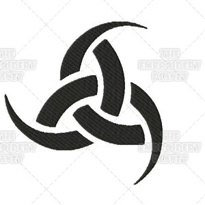 May include: A black and white triquetra symbol, also known as a triskelion, a three-legged spiral. This symbol is often associated with Celtic and Norse cultures.