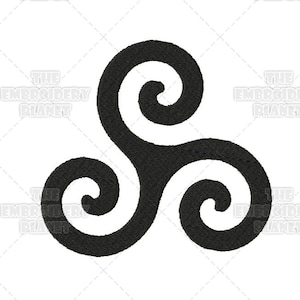 May include: A black and white triquetra symbol with three interlocking spirals. The symbol is a Celtic knot design.