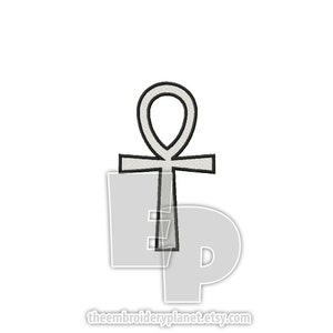 May include: A black outline of an Ankh symbol, a sacred Egyptian hieroglyph, with a white fill.