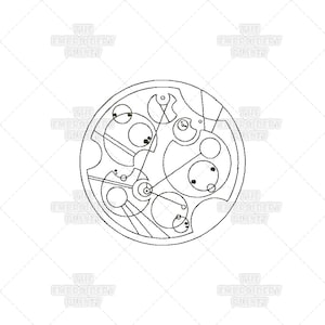 May include: A black and white line drawing of a circular design with multiple concentric circles and lines. The design resembles a clock face with a complex pattern of gears and cogs.