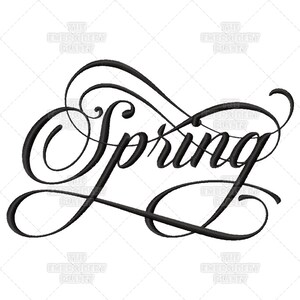 May include: A black and white image of the word "Spring" written in a cursive font.
