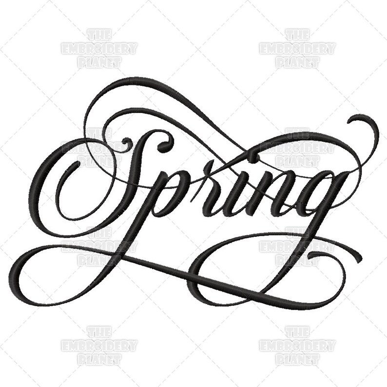 May include: A black and white image of the word "Spring" written in a cursive font.