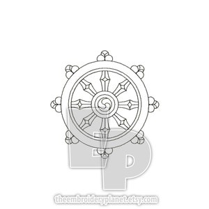 Könnte beinhalten: Eine Schwarzweiß-Zeichnung eines Dharmachakras, auch bekannt als das Rad des Dharma, ein buddhistisches Symbol, das die Lehren Buddhas darstellt.