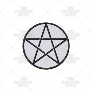 May include: A black and white pentagram, or five-pointed star, inside a circle. The pentagram is a symbol of protection and power.