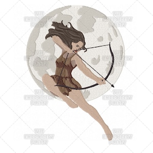 May include: A woman with long brown hair is holding a bow and arrow. She is standing in front of a large, full moon.