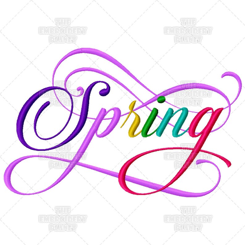May include: A colorful embroidered design of the word "Spring" in a cursive font. The letters are in shades of purple, yellow, green, turquoise, and red.