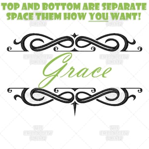 Könnte beinhalten: Schwarze dekorative Designelemente mit dem Wort "Grace" in grüner Schrift. Der Text "TOP AND BOTTOM ARE SEPARATE SPACE THEM HOW YOU WANT!" steht oben. Das Design stammt von "EMBROIDERY PLANET".