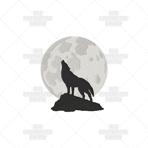 May include: A black silhouette of a wolf howling at the full moon. The wolf is standing on a rock.