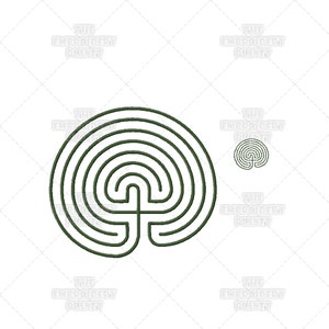 May include: A green line drawing of a circular labyrinth with seven concentric circles. The labyrinth has a single path that leads to the center.