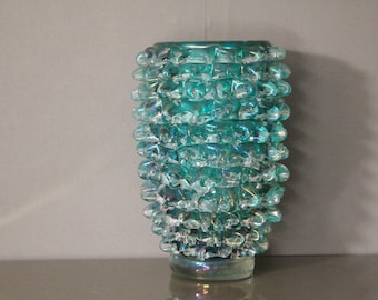 Tall Vase in Blue-Green Iridescent Murano Glass with Rostrato Spikes Decor