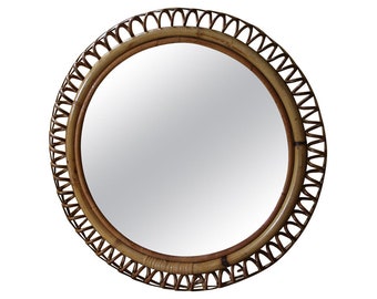 Vintage 1960s Rattan and Bamboo Round Wall-Mirror by Franco Albini