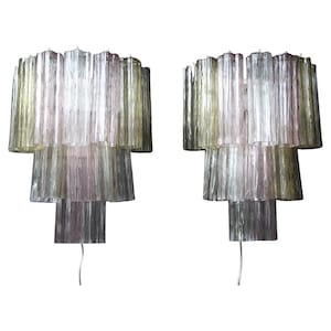 Pair of Pink, White, Yellow and Smoked Color Venini Style Tronchi Pair of Wall Lights, Pair of Tronch Sconces