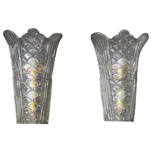 Pair of Molded Clear Frosted Murano Glass Wall Lights,Pair of  Frosted Glass Sconces
