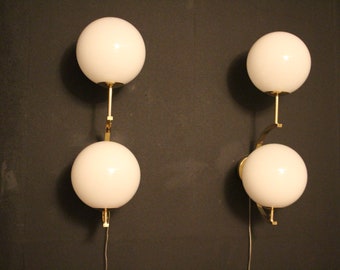 Pair of Italian Modern Midcentury Pair of Brass and White Glass Sconces, White Glass Globes Pair of Wall Lights