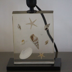 May include: A clear acrylic lamp base with embedded seashells and starfish. The lamp base is on a black base.