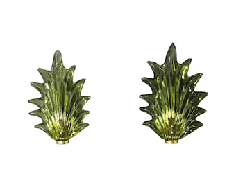 Pair of Olive Green Murano Glass Leaf and Brass Sconces in Barovier Style