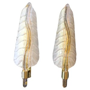 Pair of White and Golden Murano Glass Sconces, Leaf Shape Wall Lights