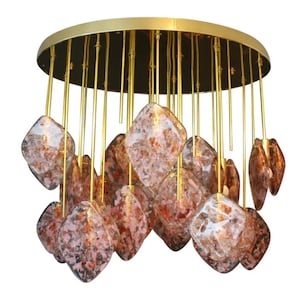 Italian Ovale Mid-Century Modern Brass and Pink Glass Chandelier