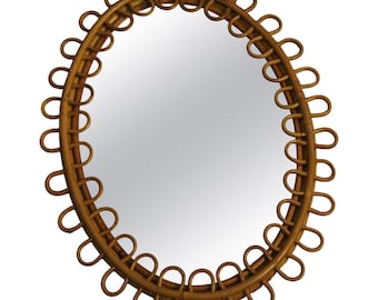 Vintage 1960s Rattan and Bamboo Oval Wall Mirror in the style of Franco Albini