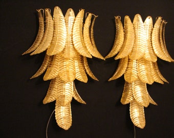 Pair of Long Golden Murano Glass Sconces in Palm Tree Shape, Golden Glass Wall Lights in Palm Tree Shape